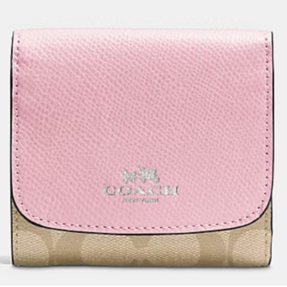 Authentic COACH SILVER/LIGHT KHAKI/PETAL TRIFOLD WALLET